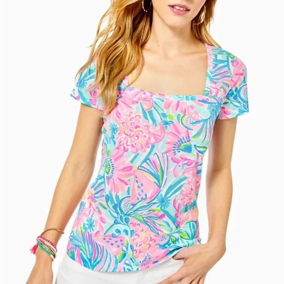 Lilly Pulitzer Rexa Tee Shirt Square neck Tropical Punch Pima short sleeve - Picture 2 of 7